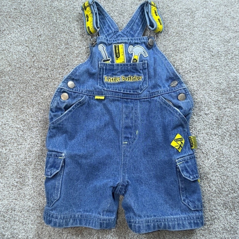 Stanley Little Builder Denim Shortall Overalls Blue Tool Graphic Kids 18M